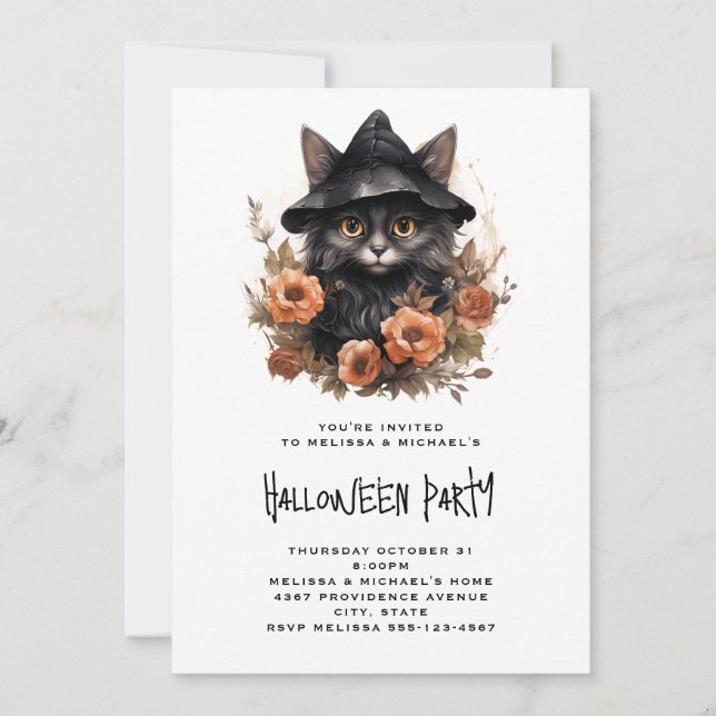 Black Cat in a Black Witch's Hat Halloween Invitation (Front)