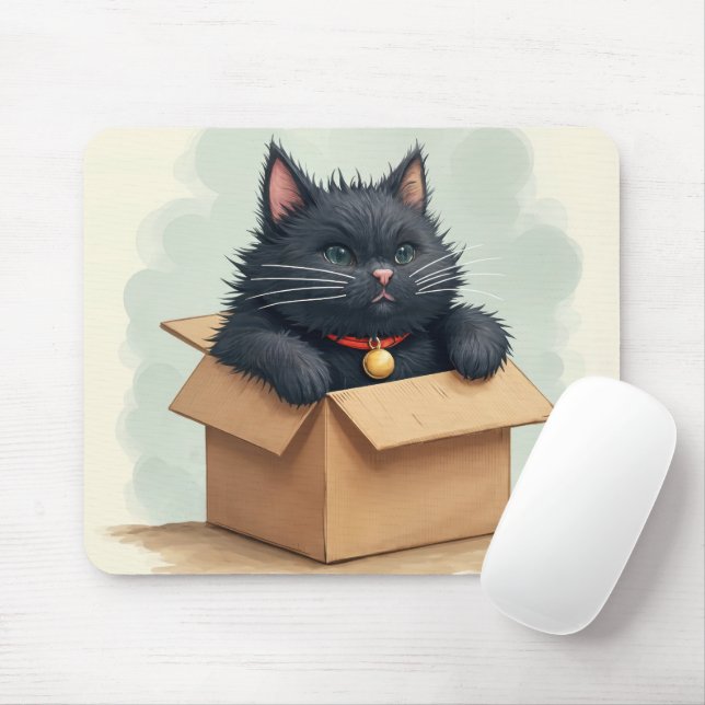 Black Cat In a Box Mouse Mat (With Mouse)