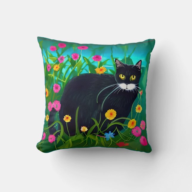 Black Cat in a Colourful Flower Garden Cushion (Front)
