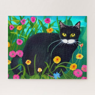 Black Cat in a Colourful Flower Garden Jigsaw Puzzle