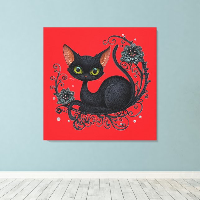 Black Cat in a Flower Cradle  Canvas Print (Insitu(Wood Floor))