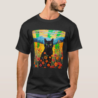 Black Cat In A Flower Fields Van Gogh Cat Starry N T-Shirt