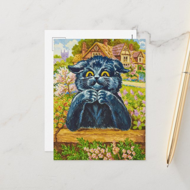 Black Cat in a Garden by Louis Wain Holiday Postcard (Front/Back In Situ)