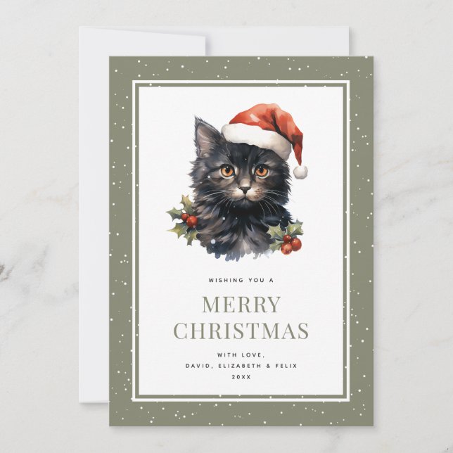 Black Cat In a Hat Holly Snow Merry Christmas Card (Front)