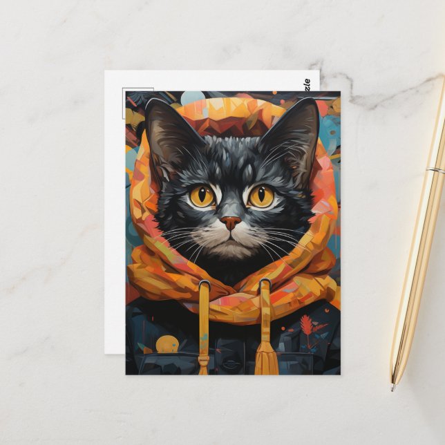 Black Cat in a Jacket Postcard (Front/Back In Situ)