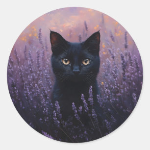 Black Cat in a Lavender Field Illustration Classic Round Sticker