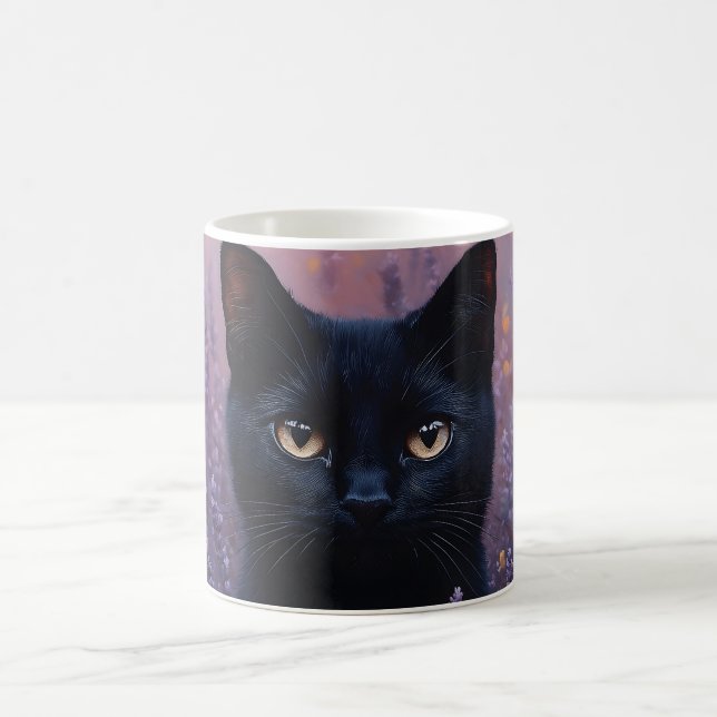 Black Cat in a Lavender Field Illustration Coffee Mug (Center)