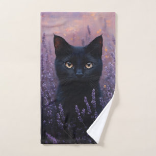 Black Cat in a Lavender Field Illustration Hand Towel