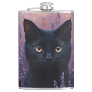Black Cat in a Lavender Field Illustration Hip Flask