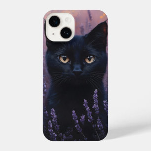 Black Cat in a Lavender Field Illustration iPhone 14 Case