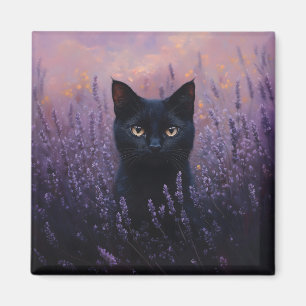 Black Cat in a Lavender Field Illustration Magnet