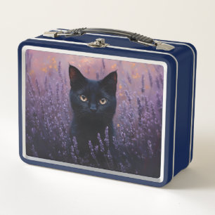 Black Cat in a Lavender Field Illustration Metal Lunch Box