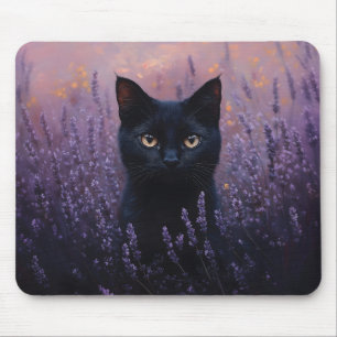 Black Cat in a Lavender Field Illustration Mouse Mat
