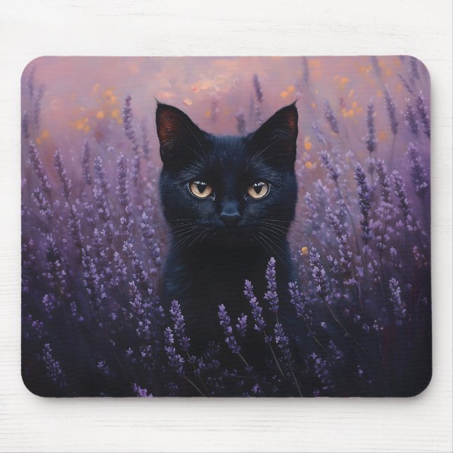 Black Cat in a Lavender Field Illustration Mouse Mat (Front)