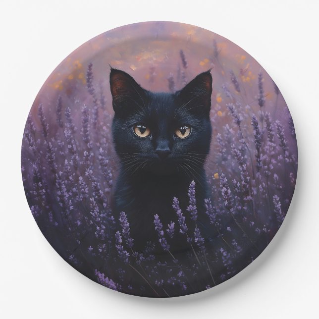 Black Cat in a Lavender Field Illustration Paper Plate (Front)