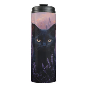 Black Cat in a Lavender Field Illustration Thermal Tumbler