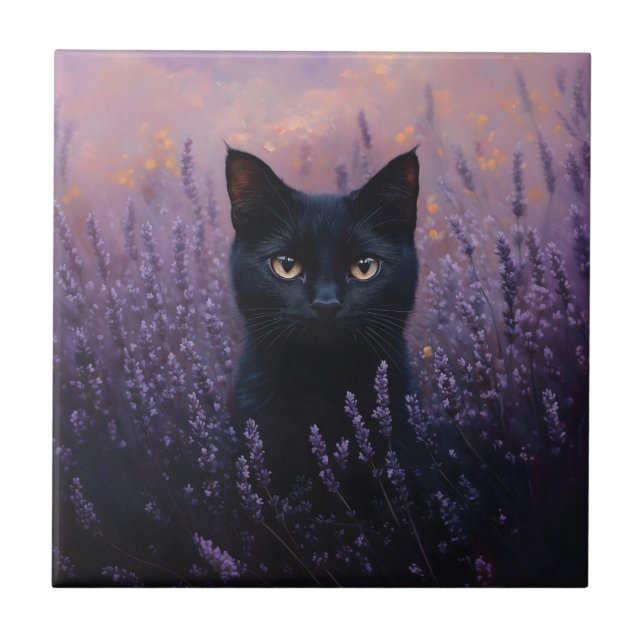 Black Cat in a Lavender Field Illustration Tile (Front)