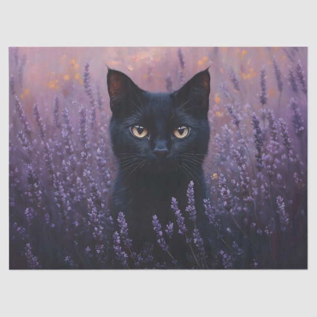 Black Cat in a Lavender Field Illustration Tissue Paper (Front)