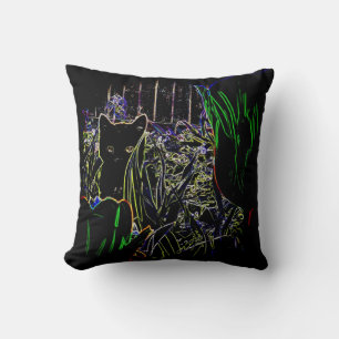 Black Cat in A Neon Garden Throw Pillow