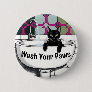 Black Cat in a Sink, Wash roo, washing paws 6 Cm Round Badge