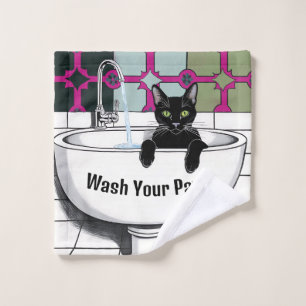 Black Cat in a Sink, Wash room, washing paws Cloth