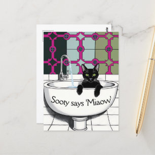 Black Cat in a Sink, Wash room, washing paws Postcard