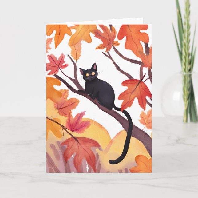 Black Cat in a Tree | Fall Autumn Spooky Cute Card (Front)