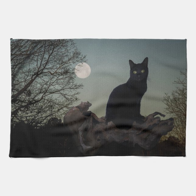 Black Cat in a Tree in Front of a Full Moon Tea Towel (Horizontal)