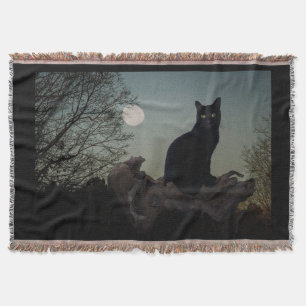 Black Cat in a Tree in Front of a Full Moon Throw Blanket