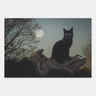Black Cat in a Tree in Front of a Full Moon Wrapping Paper Sheet