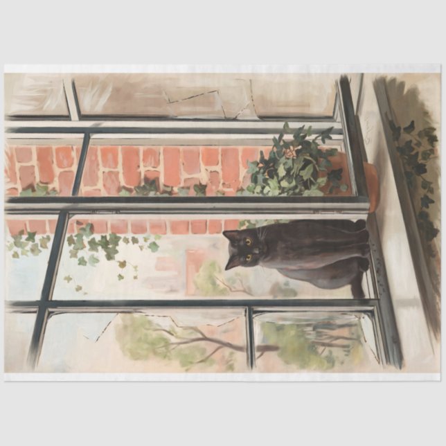 Black Cat in a Window Painting Decoupage Tissue Paper (Front)
