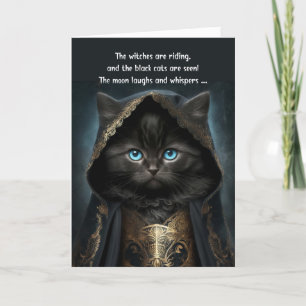Black Cat in a Witch Cape with Poem Halloween Holiday Card