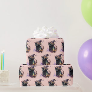 Black Cat in a Witch's Hat Orange Halloween Wrapping Paper