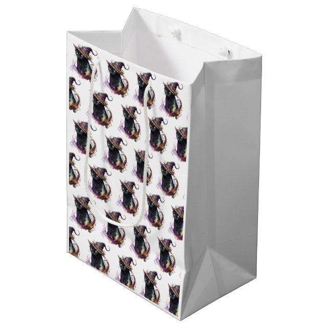 Black Cat in a Witch's Hat White Halloween Medium Gift Bag (Front Angled)