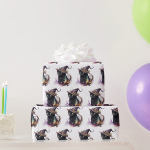 Black Cat in a Witch's Hat White Halloween Wrapping Paper