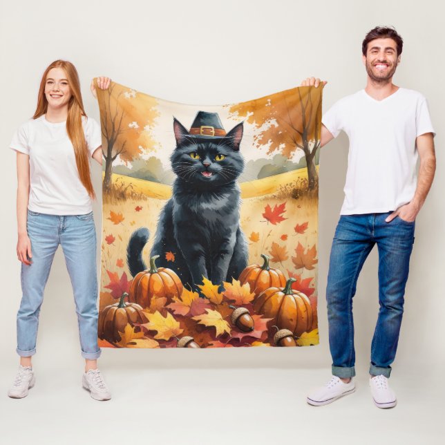 Black Cat In Autumn Leaves Thanksgiving Art Fleece Blanket (In Situ)