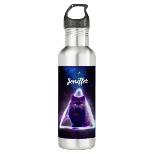 Black cat in blue neon hipster triangle 710 ml water bottle
