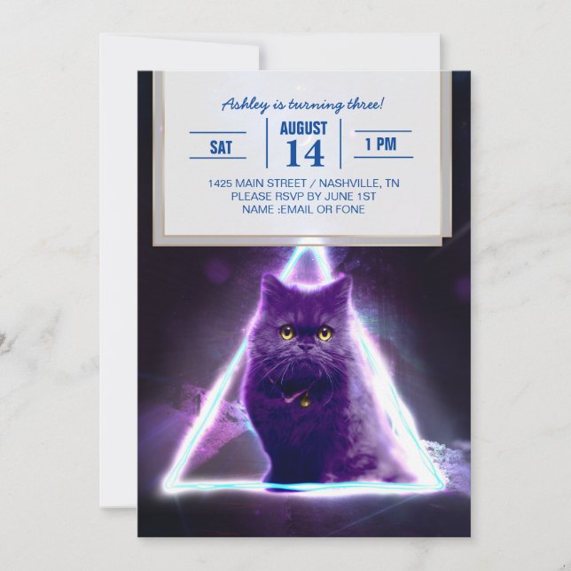 Black cat in blue neon hipster triangle            invitation (Front)