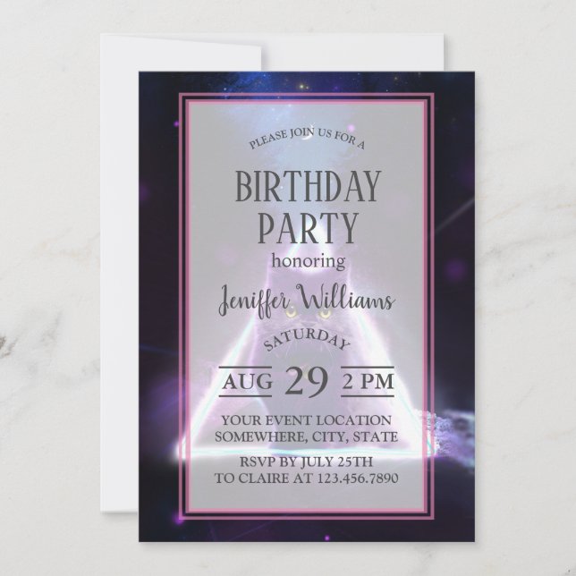 Black cat in blue neon hipster triangle            invitation (Front)