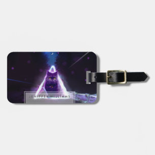 Black cat in blue neon hipster triangle luggage tag