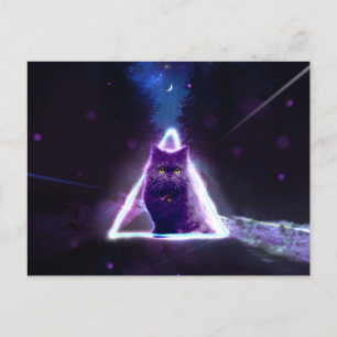 Black cat in blue neon hipster triangle postcard