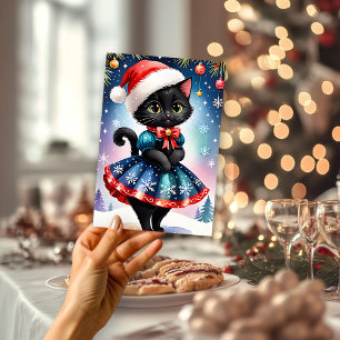 Black Cat in Blue Skater Skirt Flat Holiday Card