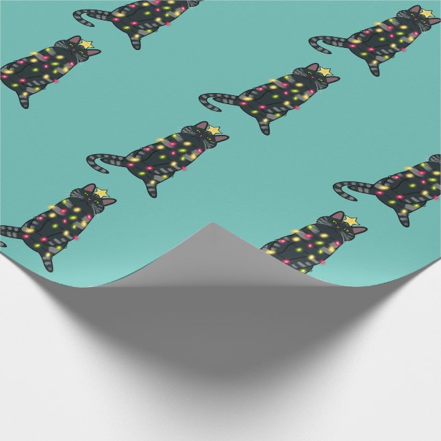 Black cat in Christmas lights funny holiday Wrapping Paper (Corner)