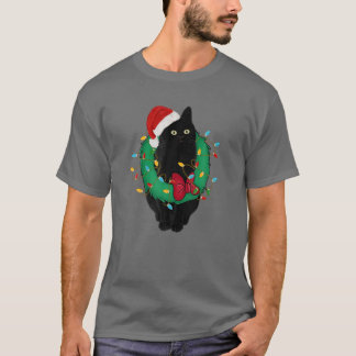 Black Cat In Christmas Lights Santa Hat Funny Cat T-Shirt