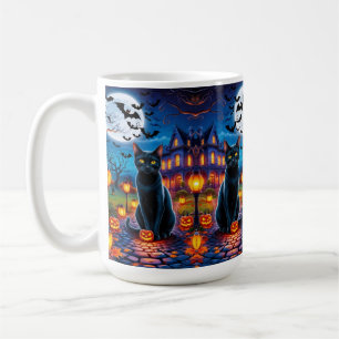 Black Cat in Enchanted Halloween Landscape Coffee Mug