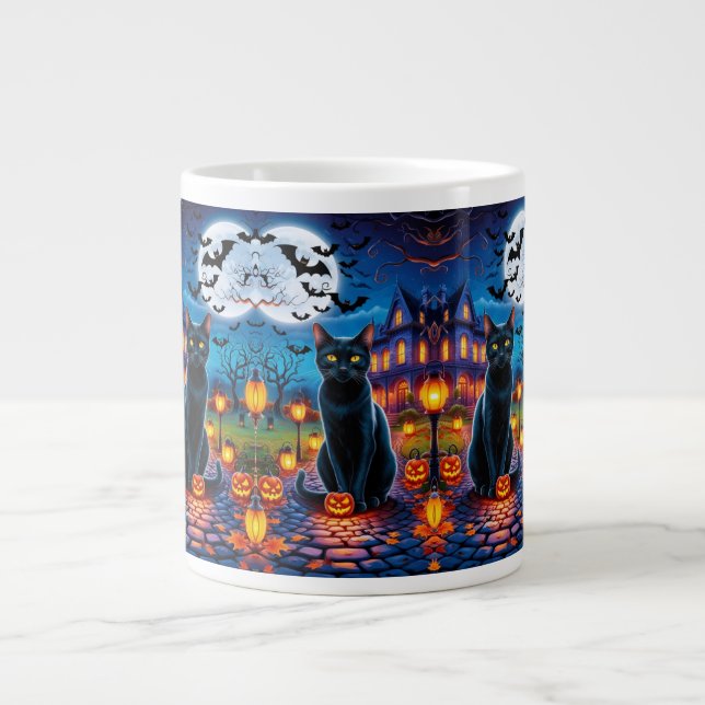 Black Cat in Enchanted Halloween Landscape Large Coffee Mug (Front)