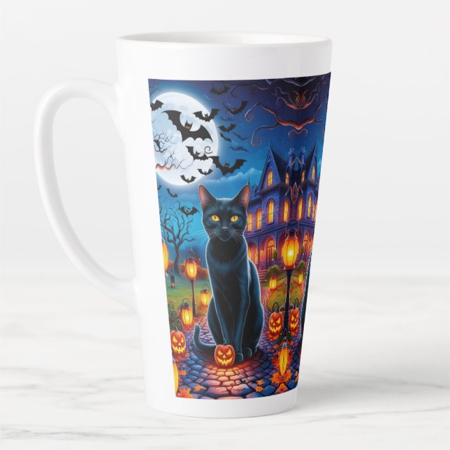 Black Cat in Enchanted Halloween Landscape Latte Mug (Left)