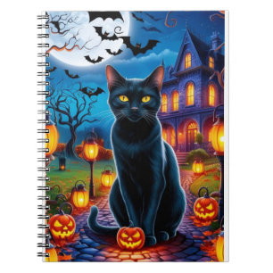 Black Cat in Enchanted Halloween Landscape Notebook