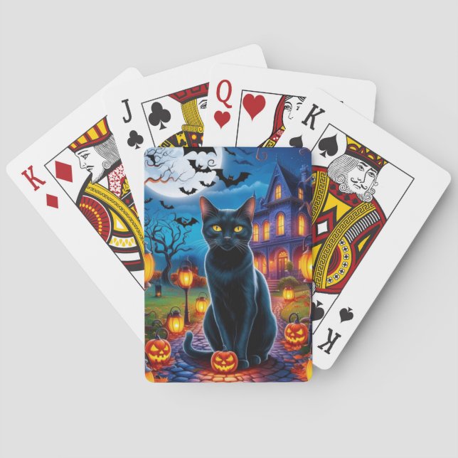 Black Cat in Enchanted Halloween Landscape Playing Cards (Back)