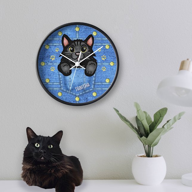 Black Cat in Faux Denim Pocket with Custom Name Clock (Creator Uploaded)